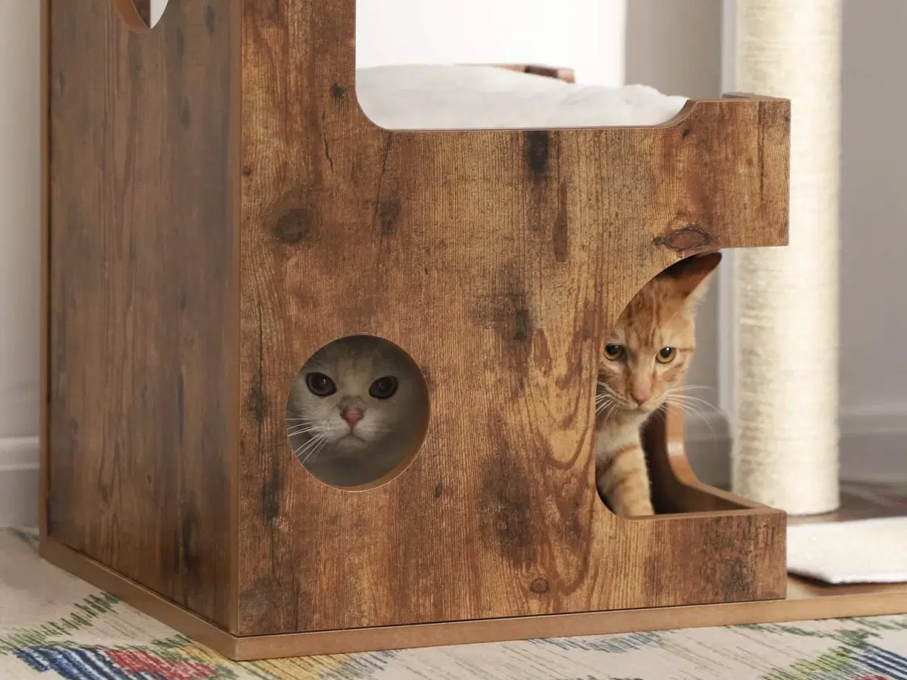 Billede 4 - Kattetræ – FEANDREA 86 cm, mellem kattetårn med 3 liggepladser og hule, MDF med træfiner, sisalstolpe og vaskbart kunstpels – rustik brun/hvid