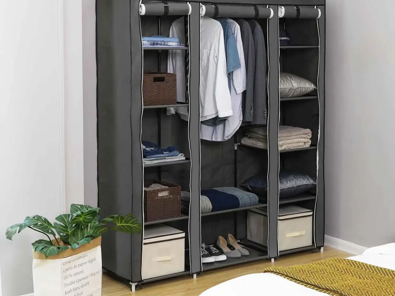 Billede 3 - Garderobeskab stof transportabelt klædeskab med hylder og bøjlestang, grå, 150 × 45 × 175 cm