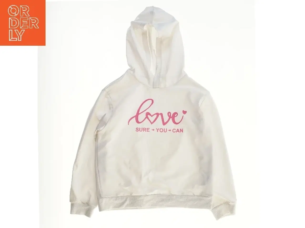 Billede 1 - Hvid hættetrøje med lyserød tekst (str.  bryst :46 længde: 53 cm)