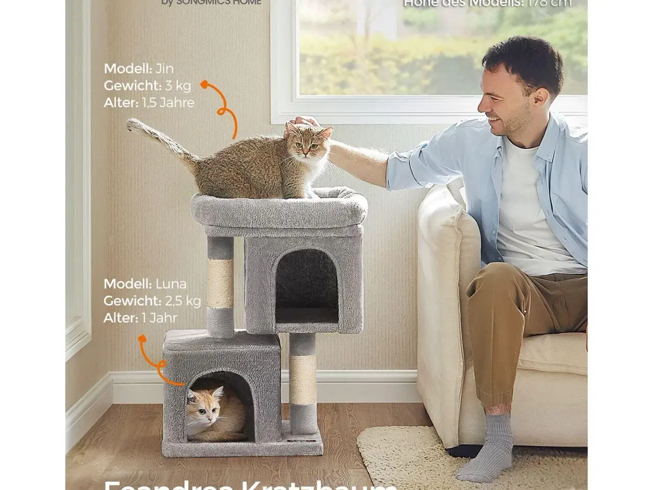Billede 2 - Kattetræ – FEANDREA, 67 cm kradsetræ med 2 huler, stor liggeplads, til killinger op til 3 kg, lysegrå