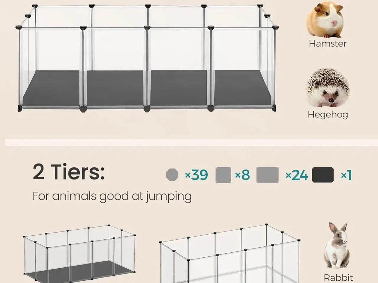 Billede 3 - Løbegård til kæledyr med bund og aftagelig Oxford-måtte, indendørs indhegning til smådyr, DIY plastbur, 143 × 73 × 46 cm, hvid