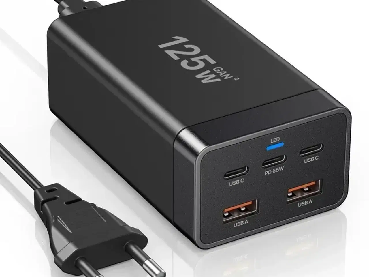 Billede 3 - 2 stk. Mobiltilbehør vægadapter 125W GaN – 2×USB-A + 3×USB-C – Sort