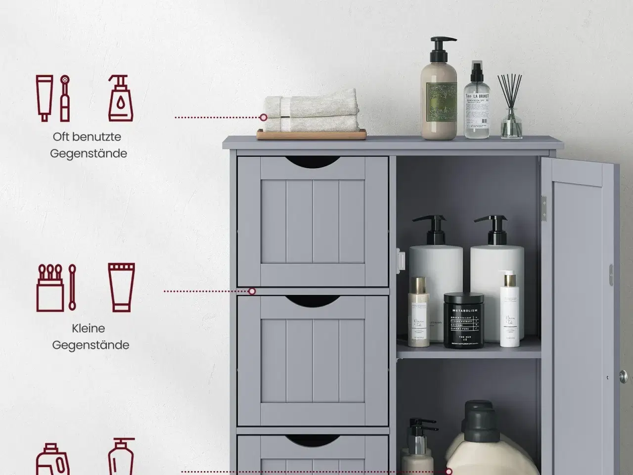 Billede 4 - Badeværelsesskab gulv – VASAGLE, 3 skuffer, justerbar hylde, fritstående, 30 × 60 × 80 cm, duegrå