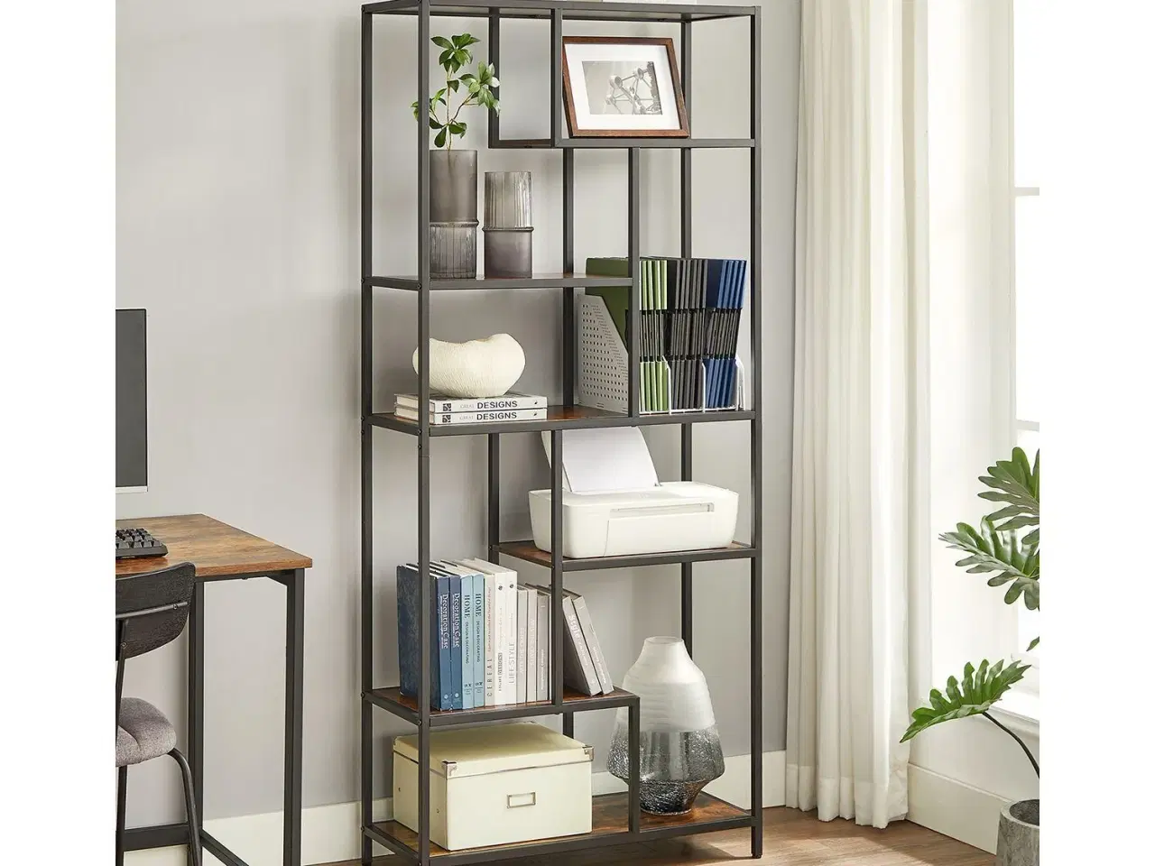 Billede 2 - Bogreol 6 niveauer geometrisk udstillingsreol, fritstående opbevaring, 30 × 80 × 180 cm, rustik brun/sort