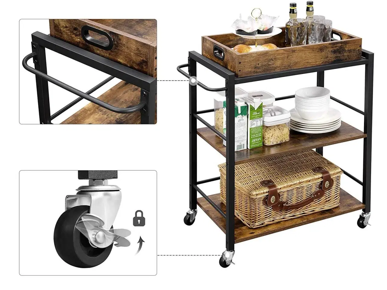 Billede 7 - Rullebord til køkken med aftagelig bakke, rustik brun, 65 × 40 × 86 cm