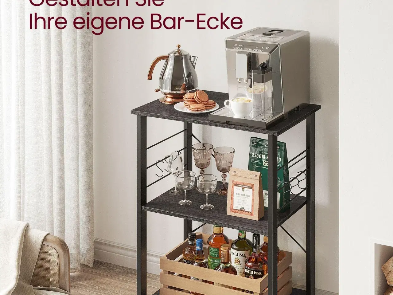 Billede 4 - Køkkenreol på hjul serveringsvogn med 3 hylder, mikrobølgereol, 6 kroge, industrielt look i sort/eboniseret eg (KKS060B42)