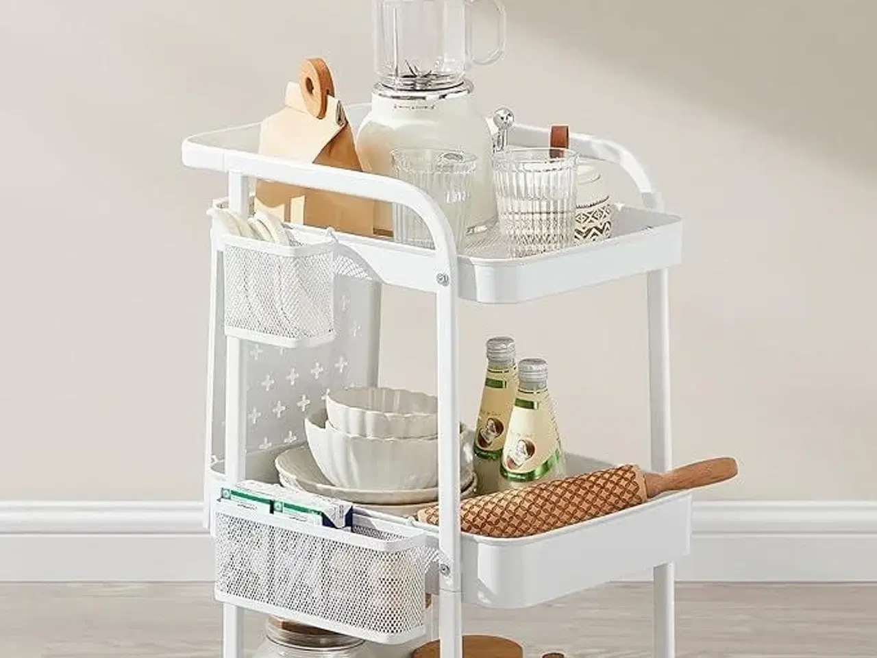 Billede 6 - Rullebord med 3 hylder metalnet, aftagelige hulplader, hængekurve og kroge, Cloud White