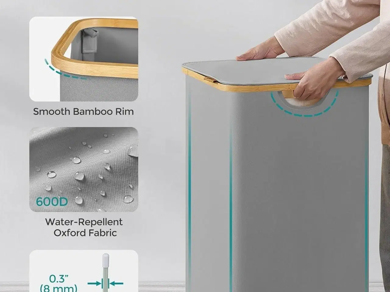 Billede 7 - Vasketøjskurv med låg 3 rum, 150 l, aftagelig netforing, Oxford-stof, bambushåndtag, sammenklappelig, 60 × 38,5 × 70,5 cm, duegrå