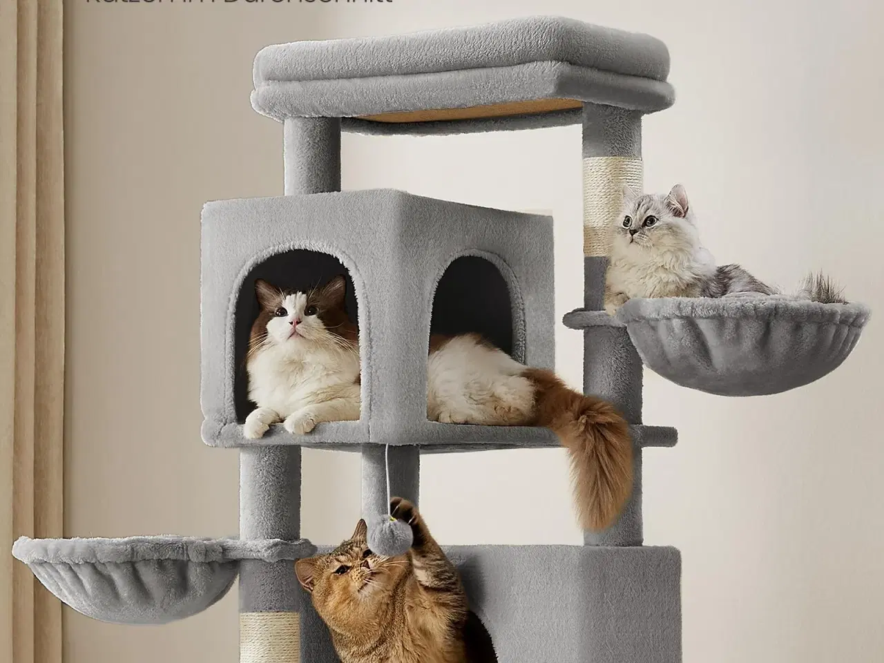 Billede 4 - Kattetræ Feandrea, 175 cm højt, multi-level kattemøbel med 2 huler, 2 kurve, 5 kradsepæle, selv-plejer, udkigsplads og hængekøje, indendørs, duegrå