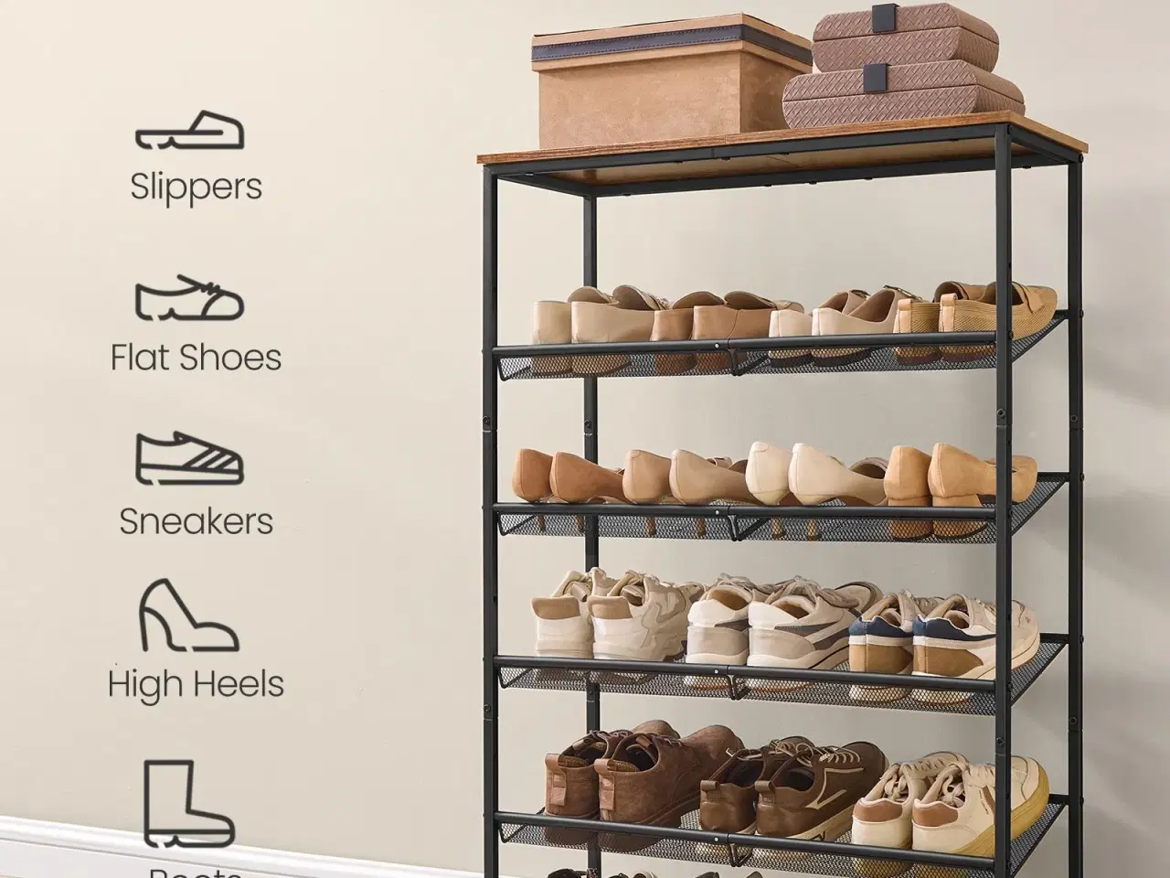 Billede 3 - Skoreol med 6 hylder – justerbar fritstående organizer til entré, brun/sort