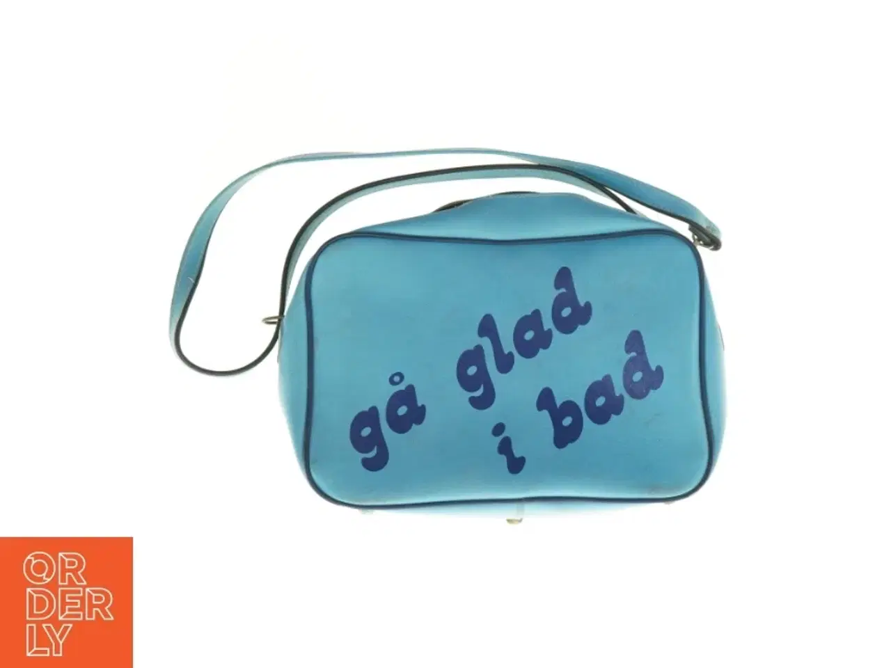 Billede 3 - Blå skuldertaske med tekst 'gå glad i bad' (str. 40 x 28 x 10 cm)