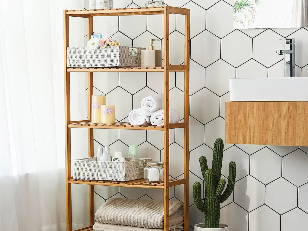 Billede 4 - Reol i bambus med 5 hylder – SONGMICS, justerbar, natur, 60 × 26 × 130 cm