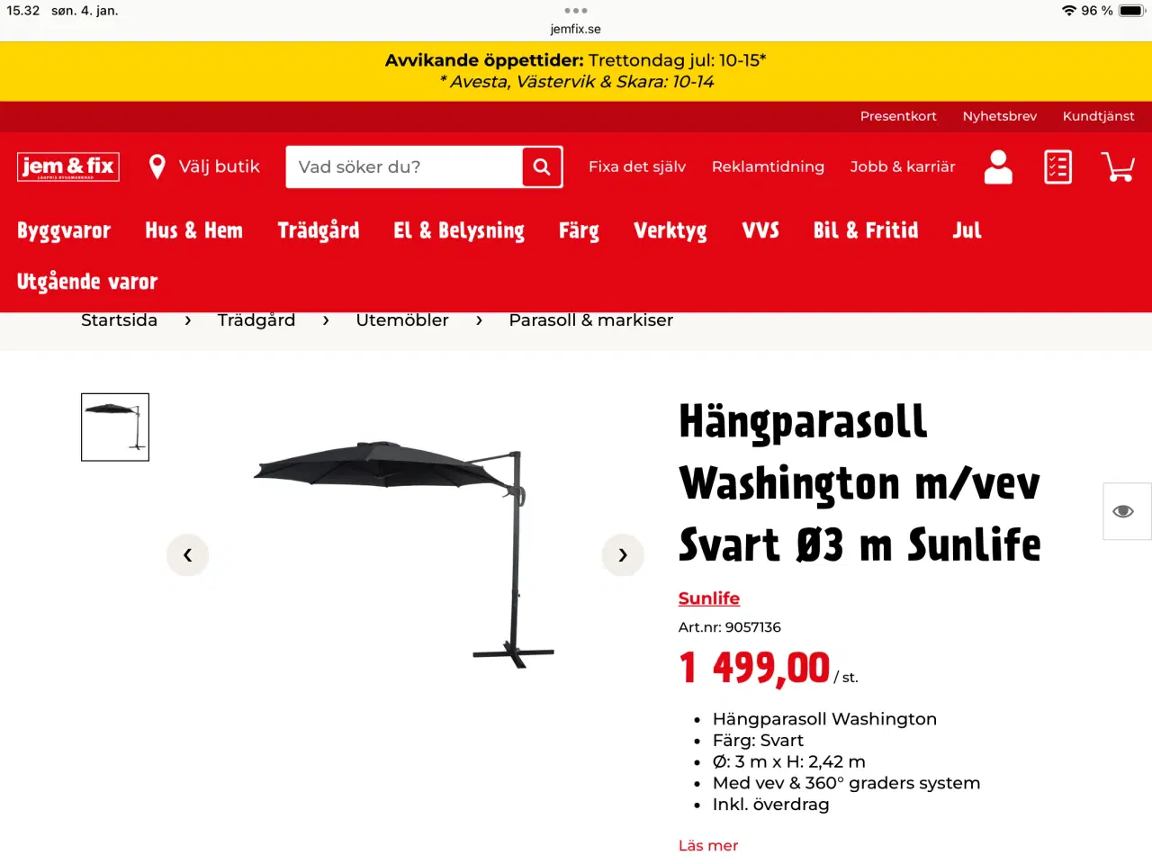 Billede 2 - NY parasol 3m Mrk. Sunlife Washington