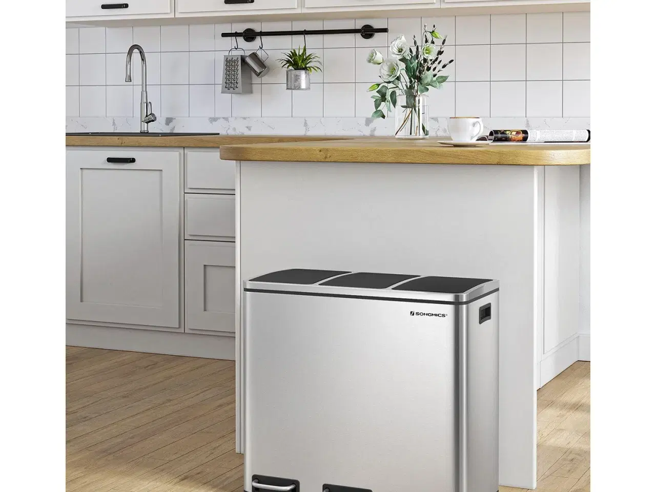 Billede 2 - Skraldespand med pedal 3-rums 3 x 18 l – SONGMICS, sølv/sort