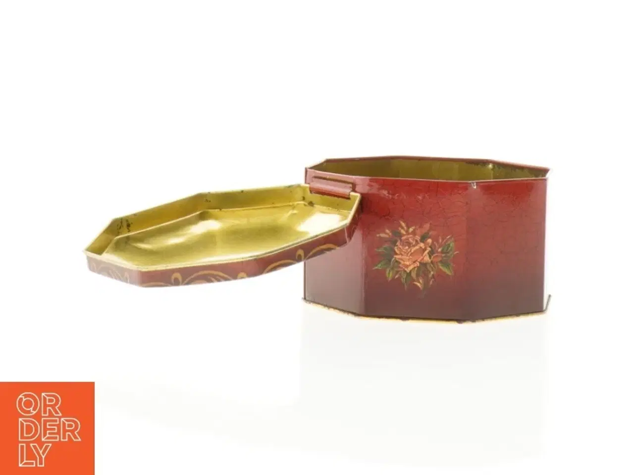 Billede 2 - Engelsk Vintage Ottekantet metal dåse med blomstermotiv (str. 12 x 7 cm)