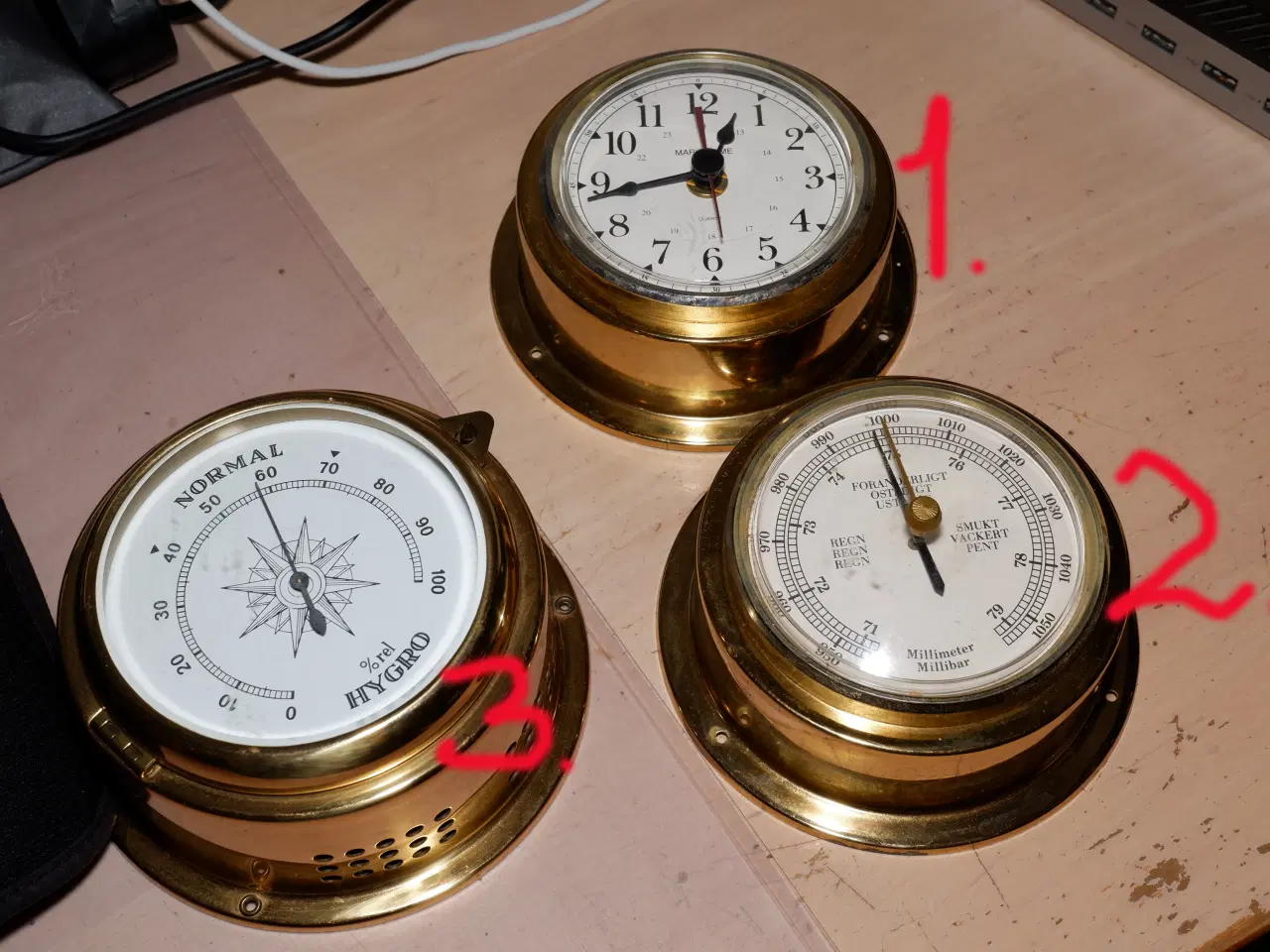 Billede 1 - 1.   Ur - Barometer - Hygrometer - messing.