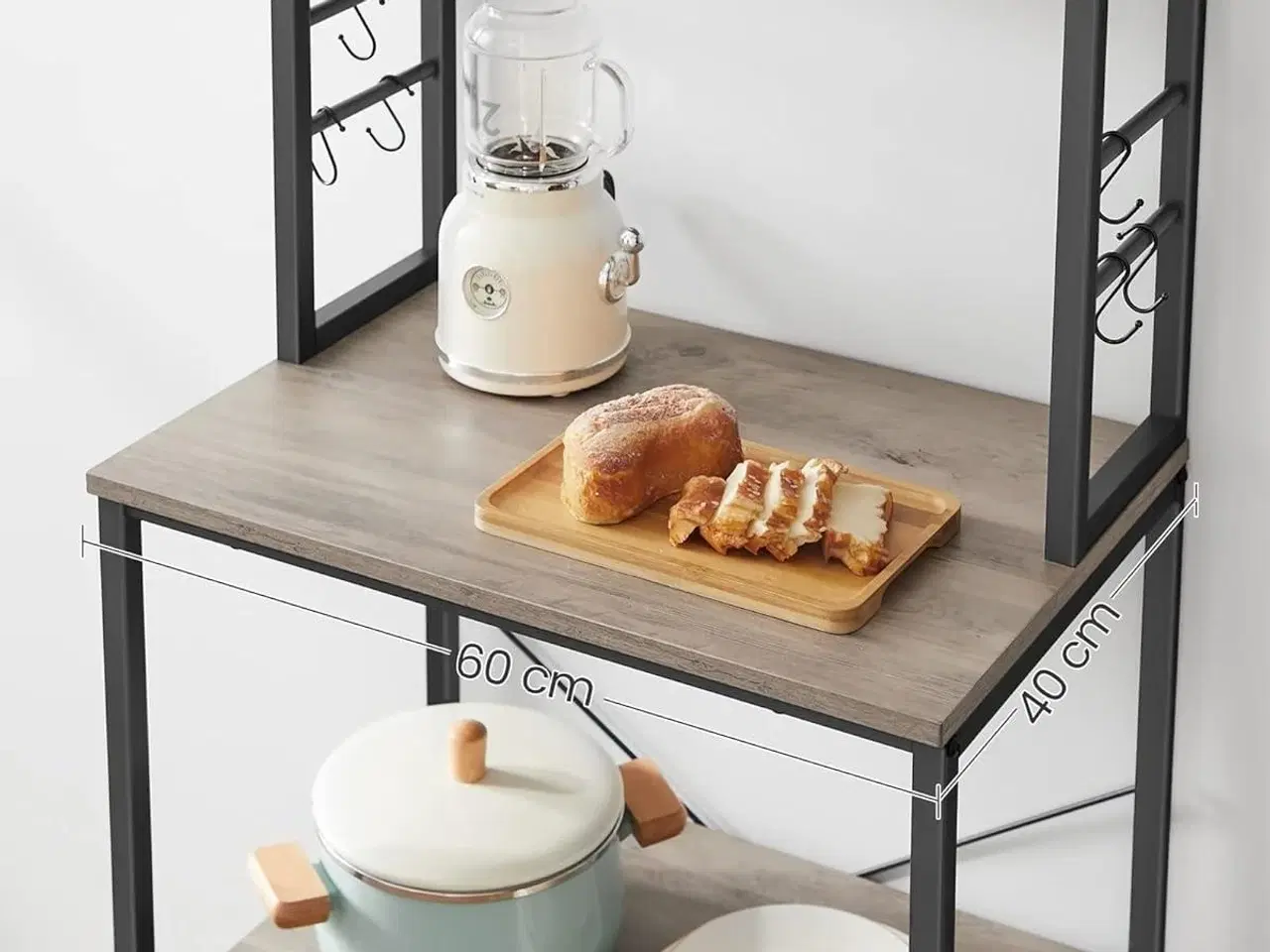 Billede 6 - Køkkenreol fritstående mikrobølgeovnshylde, 6 hylder, 6 kroge, stålramme, industrielt design, 40 × 60 × 167 cm, greige/sort