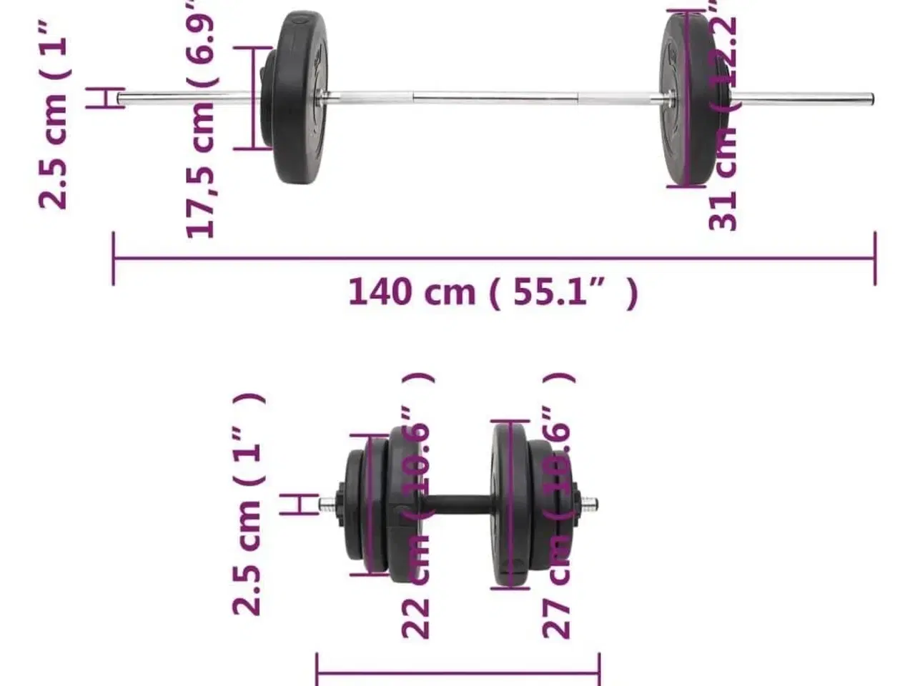 Billede 9 - Vægtstang og håndvægt med skiver 60 kg
