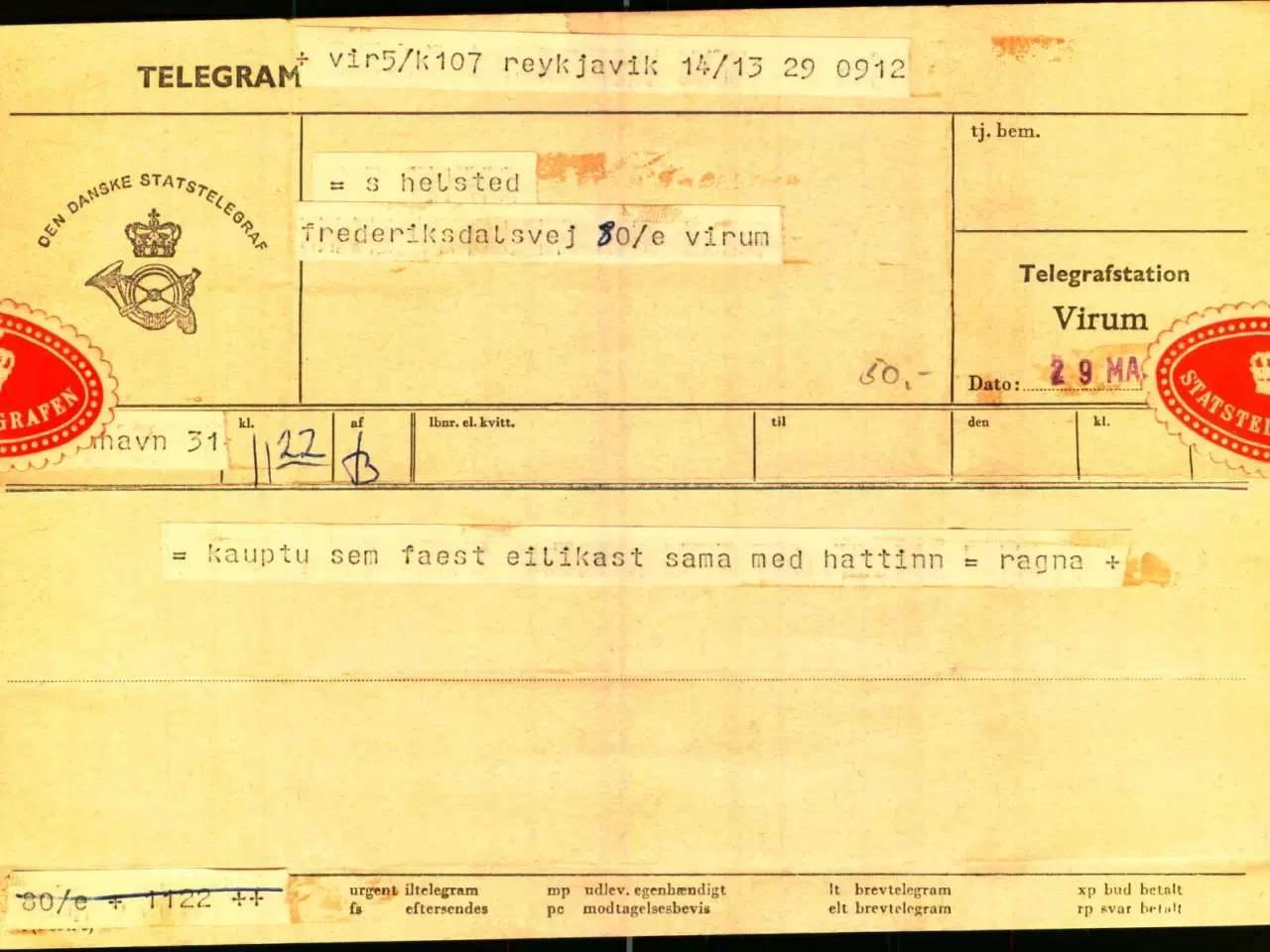 Billede 1 - Telegram - Den Dansk Statstelegraf 1956 - Fra Reykjavik til Virum