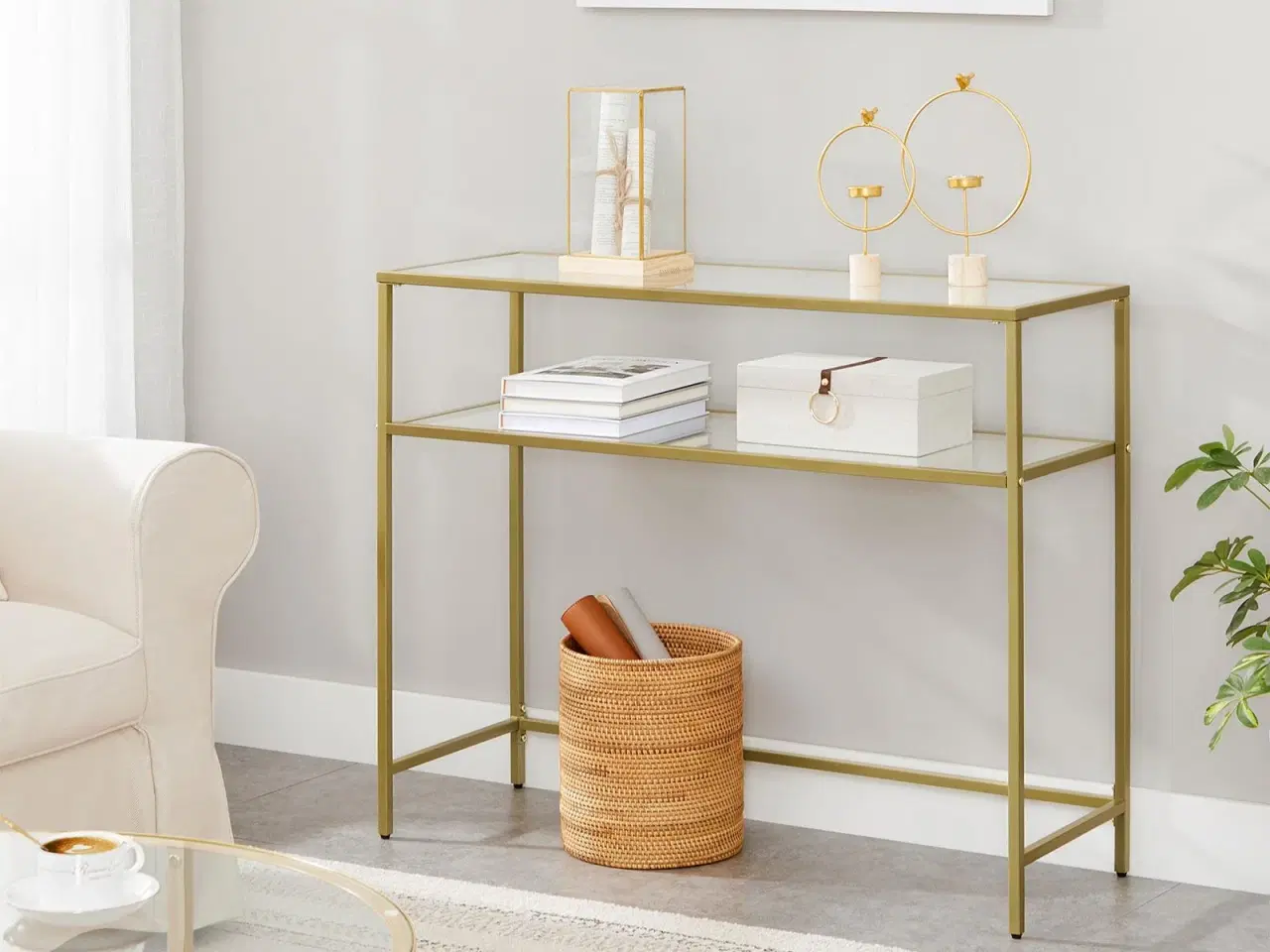 Billede 2 - Konsolbord glas hærdet glas, metalstel, 2 hylder, justerbare fødder, guldfarvet, 100 × 35 × 80 cm