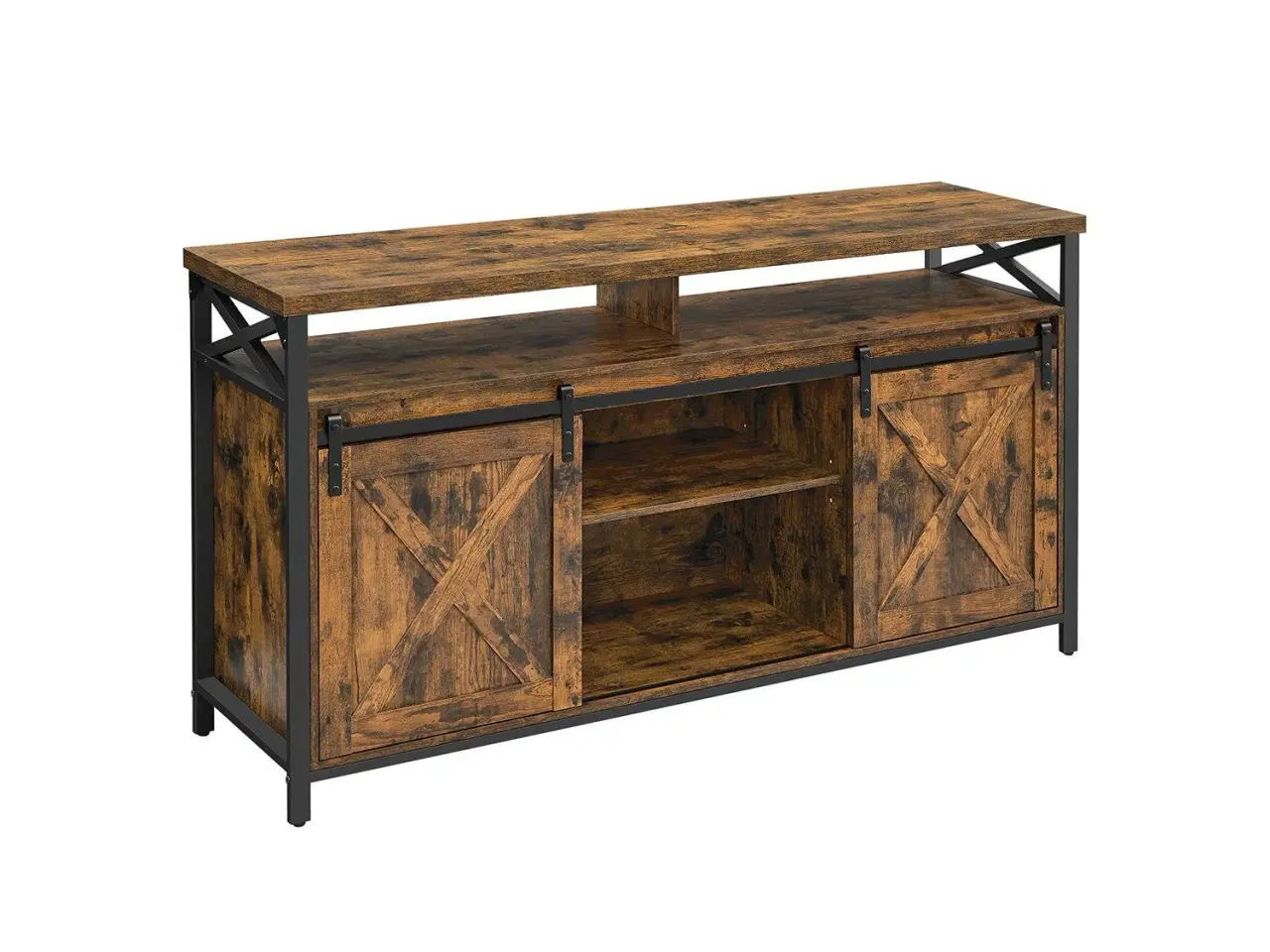 Billede 1 - TV-bord til 65" justerbare hylder, skydelåger i lade-stil, industrielt design, metalstel, rustik brun/sort