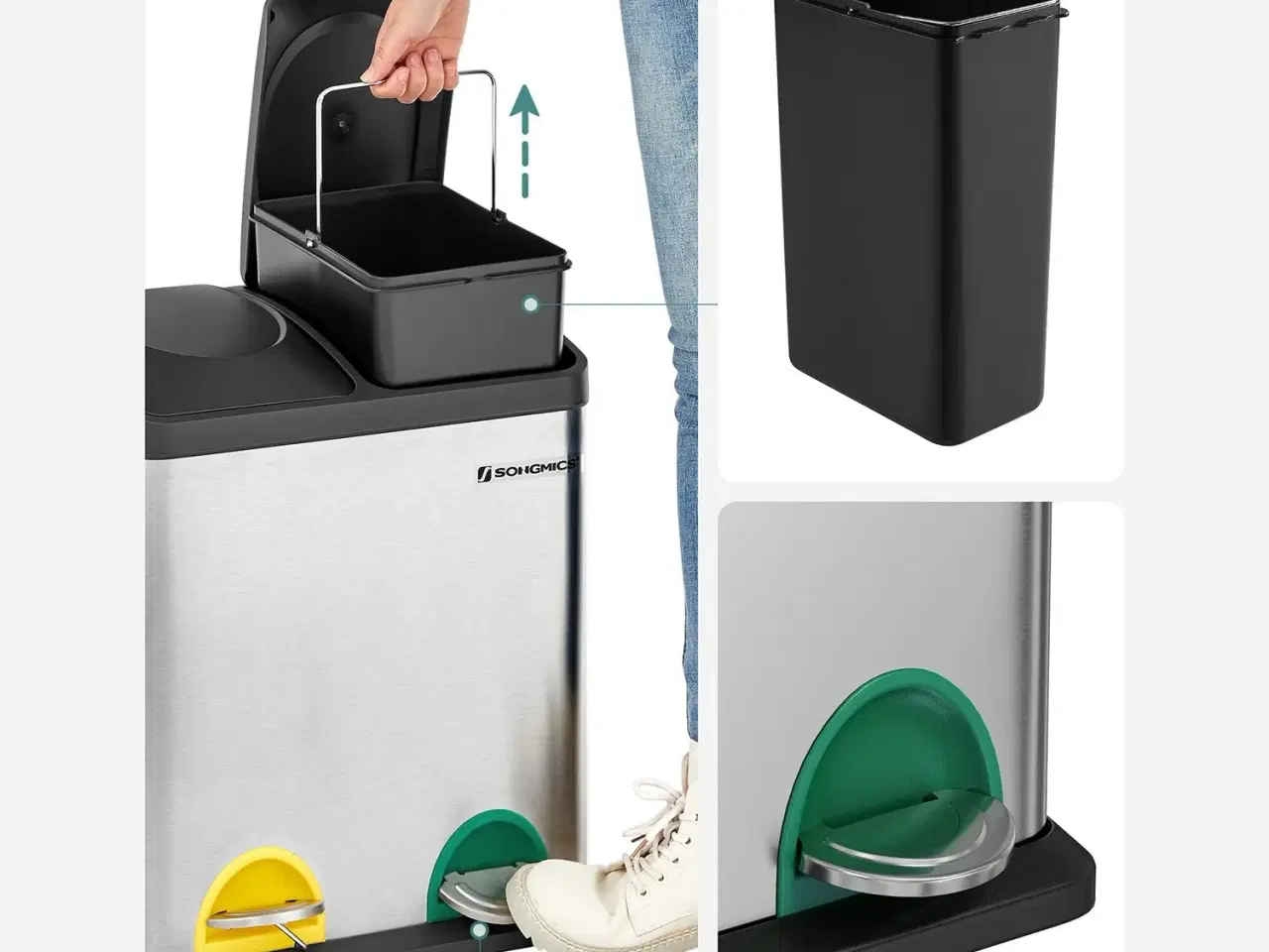 Billede 3 - Skraldespand med pedal 30 l affaldssortering 2 x 15 l, sølv/sort