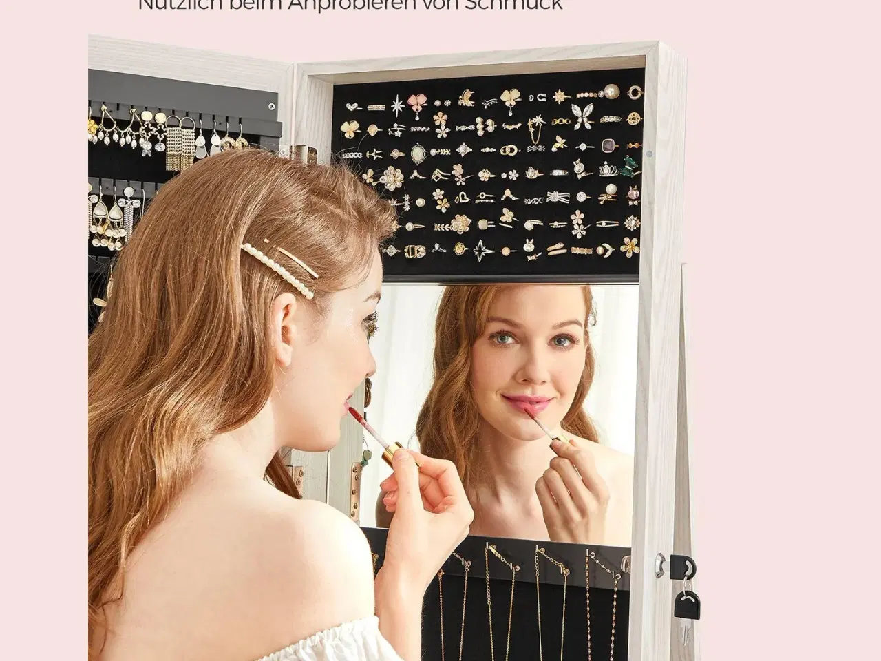 Billede 6 - Smykkeskab med spejl 360° fritstående, låsbart 3-i-1, hylder, kosmetikopbevaring, hvid med grå træstruktur