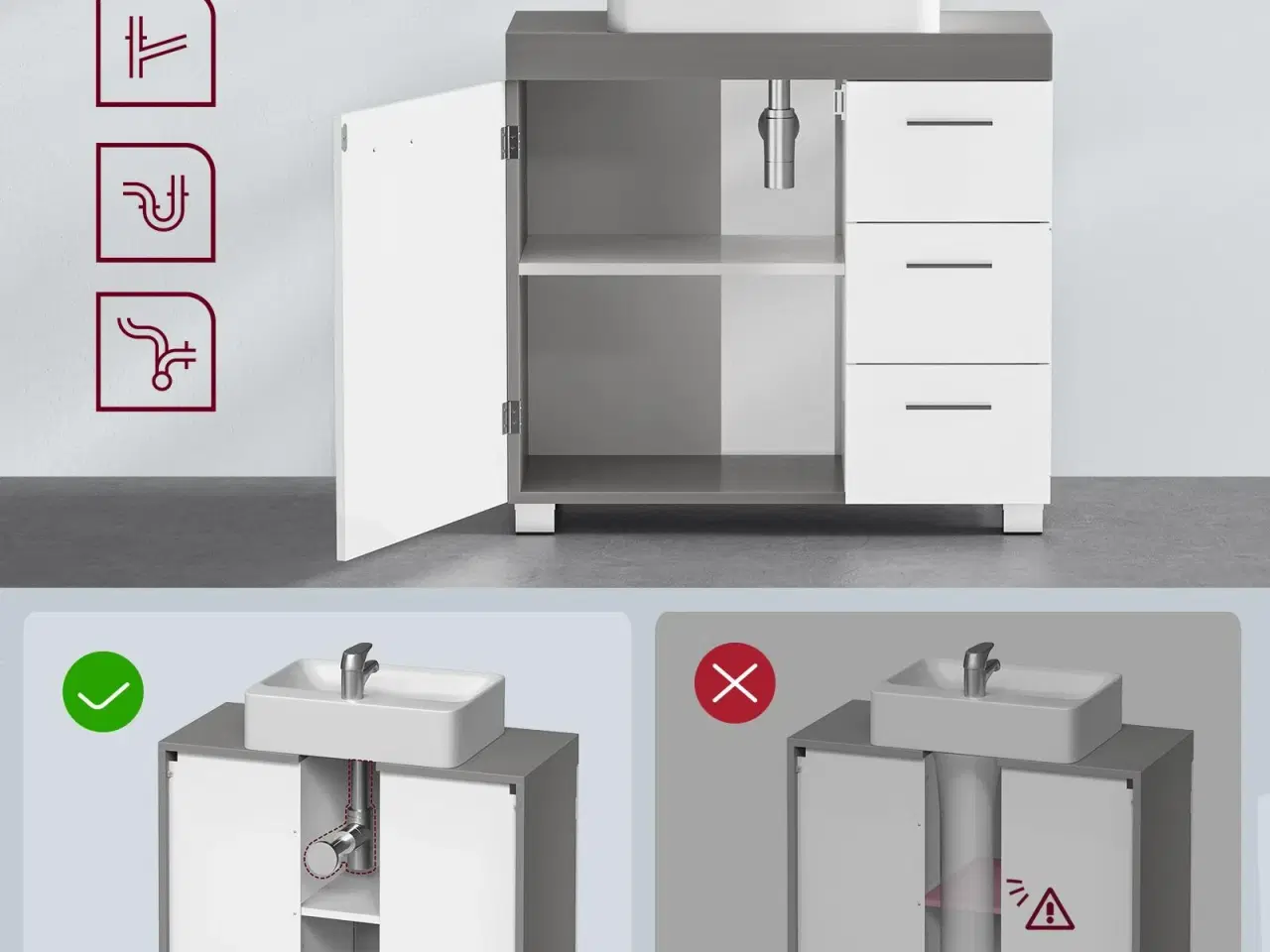 Billede 6 - Badeværelsesunderskab 3 store skuffer, 30 × 70 × 64 cm, 2 rum bag låge, med ben, skyhvid/cementgrå