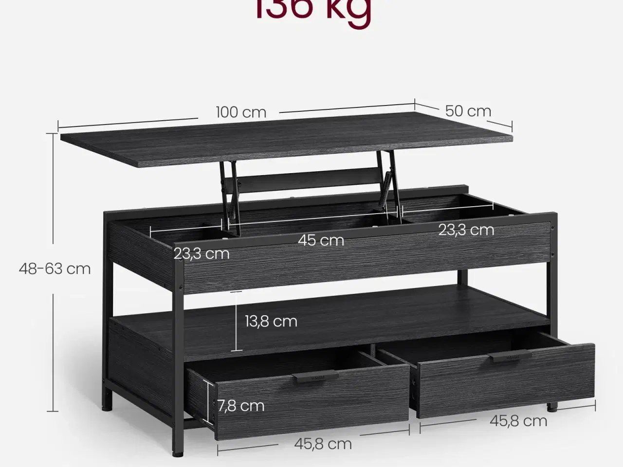 Billede 6 - Sofabord med hæve-sænke bordplade skuffer, skjulte rum og åben hylde, kulgrå/sort (LCT209B22)