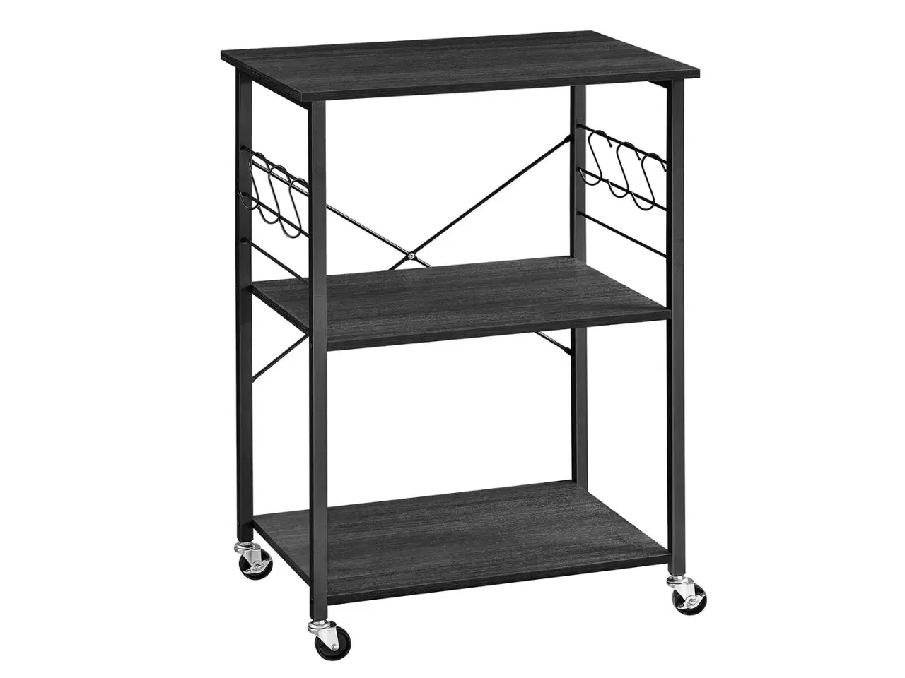 Billede 1 - Køkkenreol på hjul serveringsvogn med 3 hylder, mikrobølgereol, 6 kroge, industrielt look i sort/eboniseret eg (KKS060B42)