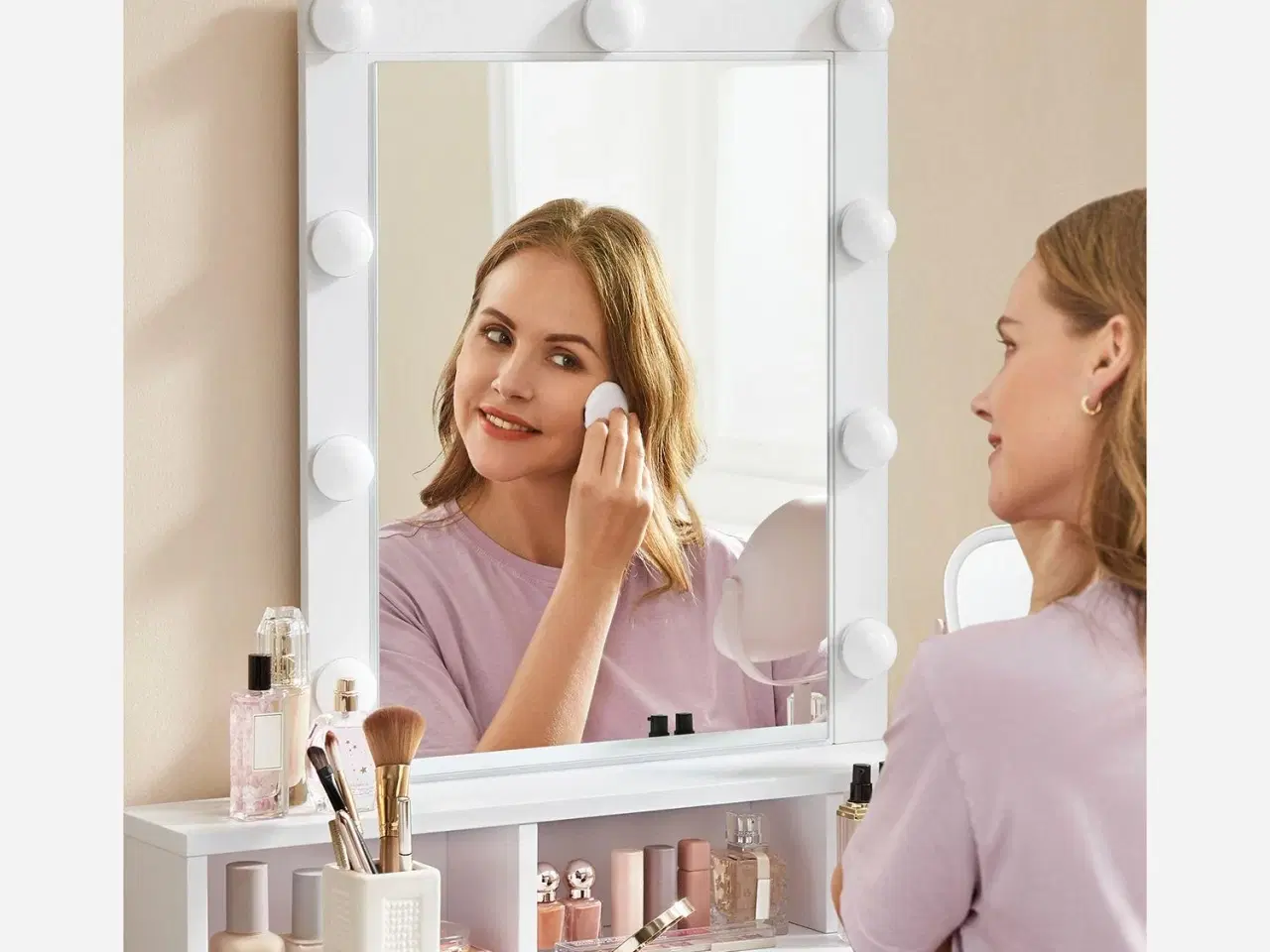 Billede 5 - Toiletbord med spejl og lys 2 skuffer, 3 åbne rum, hvid