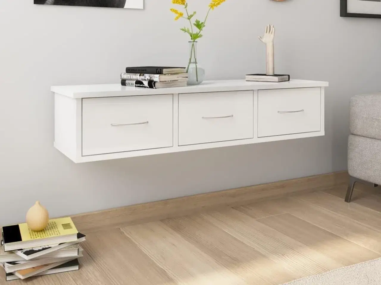 Billede 1 - Vægskab med skuffer 88x26x18,5 cm konstrueret træ hvid højglans