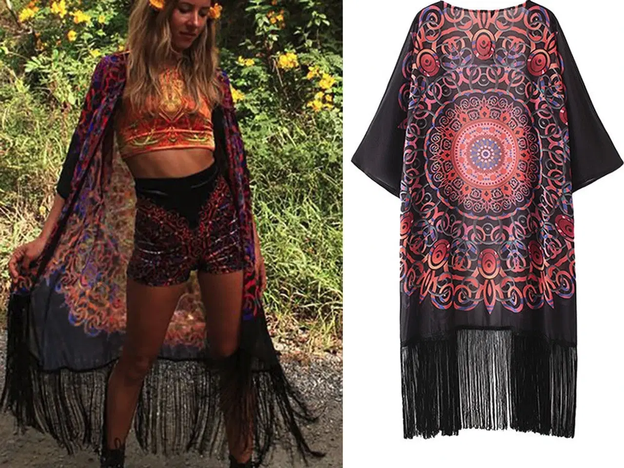 Billede 3 - Kimino.lang med frynser i "hippie style-medium