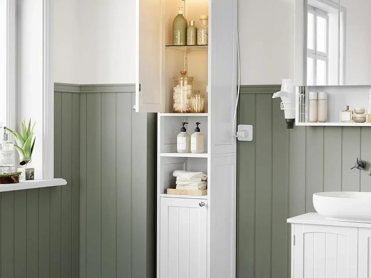 Billede 2 - Højt og smalt badeværelsesskab med lys – justerbare hylder, åbne rum, til små badeværelser, moderne, cloud hvid (BBC566W03)