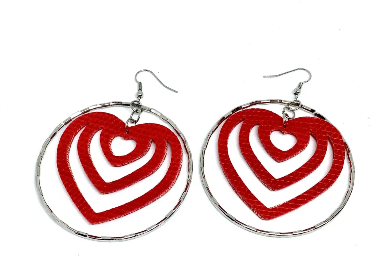 Billede 2 - Store øreringe med røde hjerter, forsølvet messing