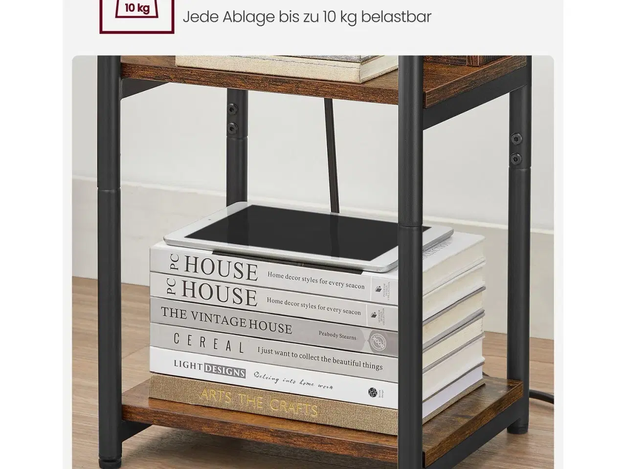 Billede 7 - Sengebord/sidebord med stik smalt, 2 AC + 2 USB, 30 × 34 × 58 cm, vintage brun/sort