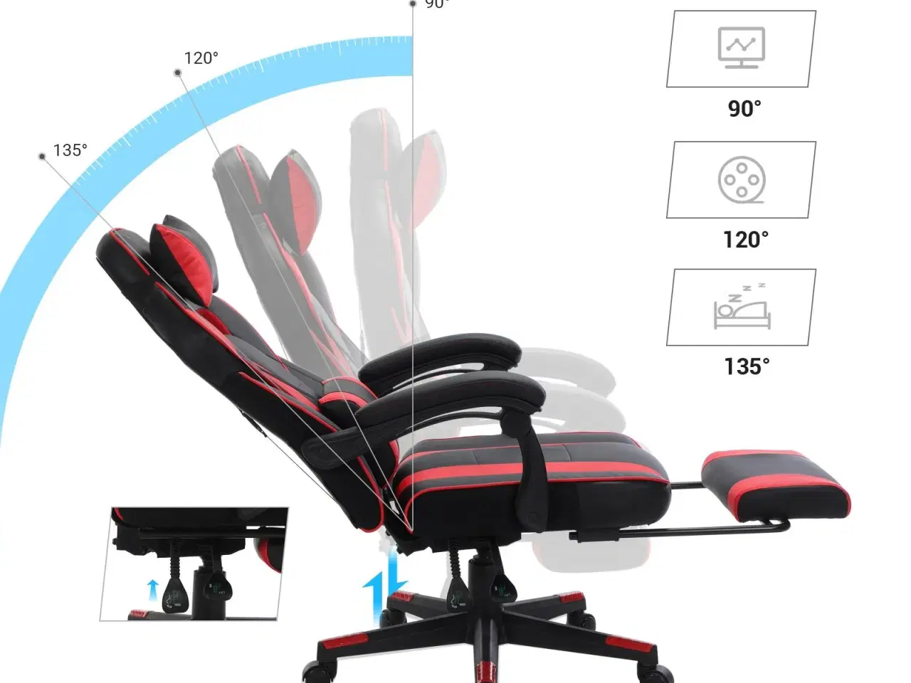 Billede 5 - Gaming stol SONGMICS – racer kontorstol med fodstøtte, ergonomisk, vippefunktion, hoved- og lændestøtte, 150 kg, sort/rød
