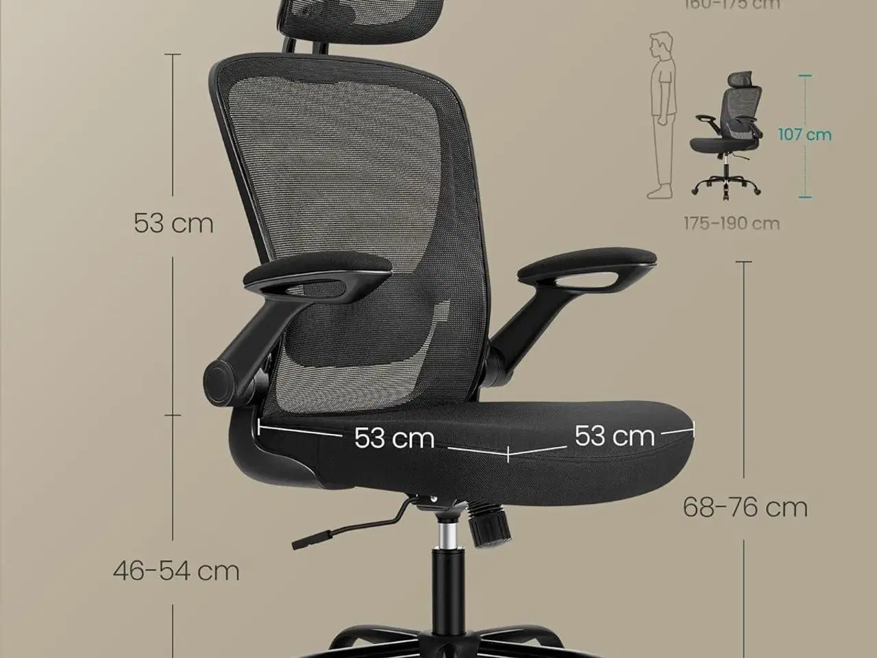 Billede 5 - Kontorstol med armlæn – SONGMICS ergonomisk drejestol med net, justerbar lændestøtte og hovedstøtte, gyngfunktion, 53 cm sæde, blæksort