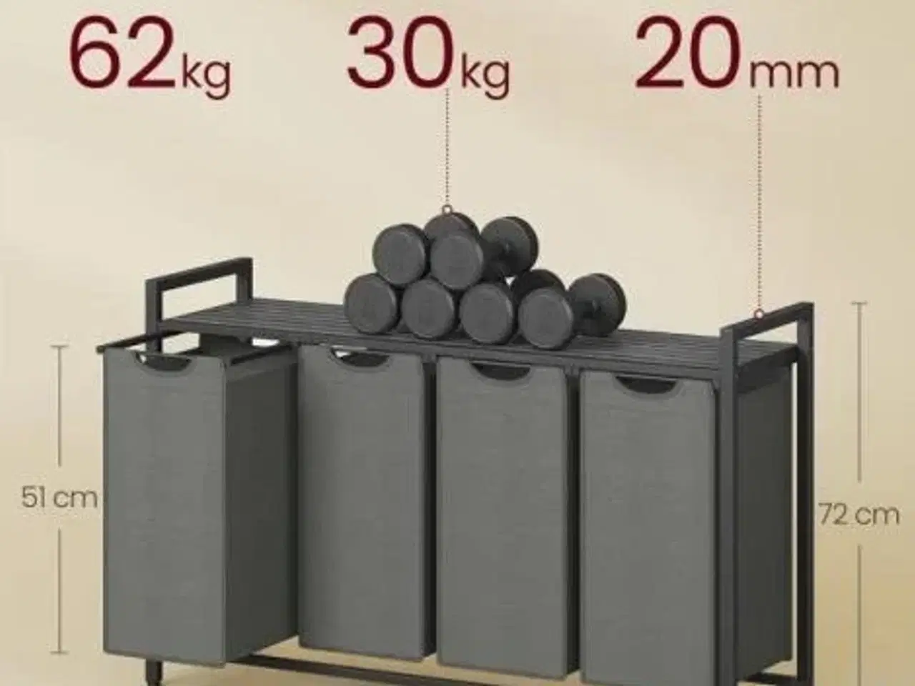 Billede 4 - Vasketøjskurv med 4 rum udtrækkelige poser, hylde, metalstel, 4 × 40 l, 116 × 33 × 72 cm, sort/grå