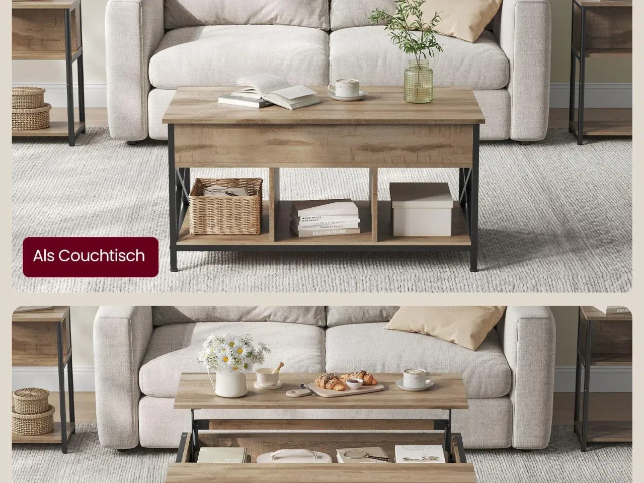 Billede 3 - Sofabord med løftelåg højdejusterbart, åben og skjult opbevaring, X-stivere, 60 × 100 × 48–62 cm, kamelbrun/sort