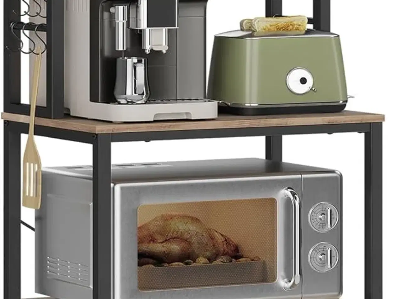 Billede 1 - Køkkenreol fritstående mikrobølgeovnshylde, 6 hylder, 6 kroge, stålramme, industrielt design, 40 × 60 × 167 cm, greige/sort