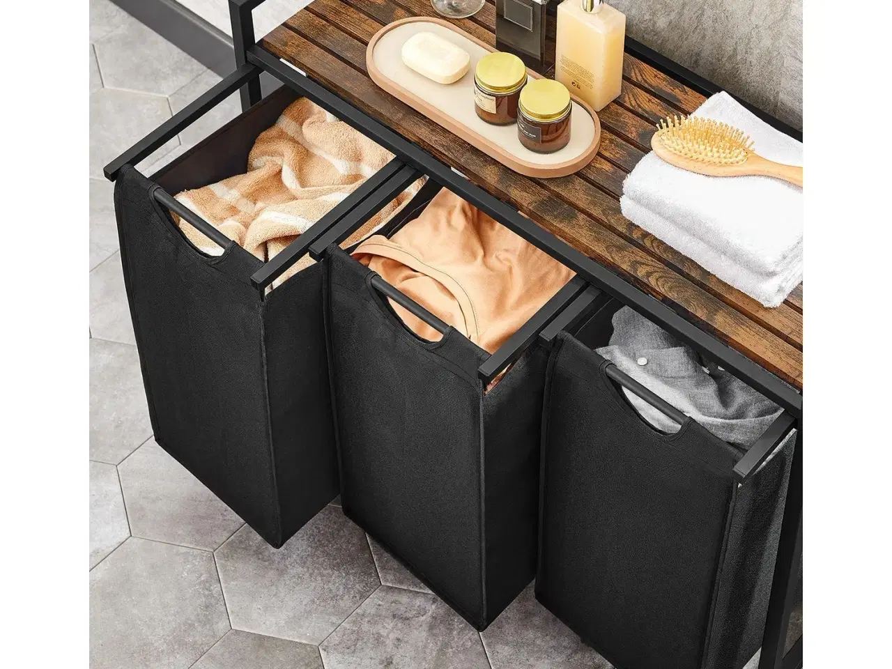 Billede 4 - Vasketøjssorterer med 3 poser og hylde – VASAGLE, rustik brun/sort, 38 l pr. pose