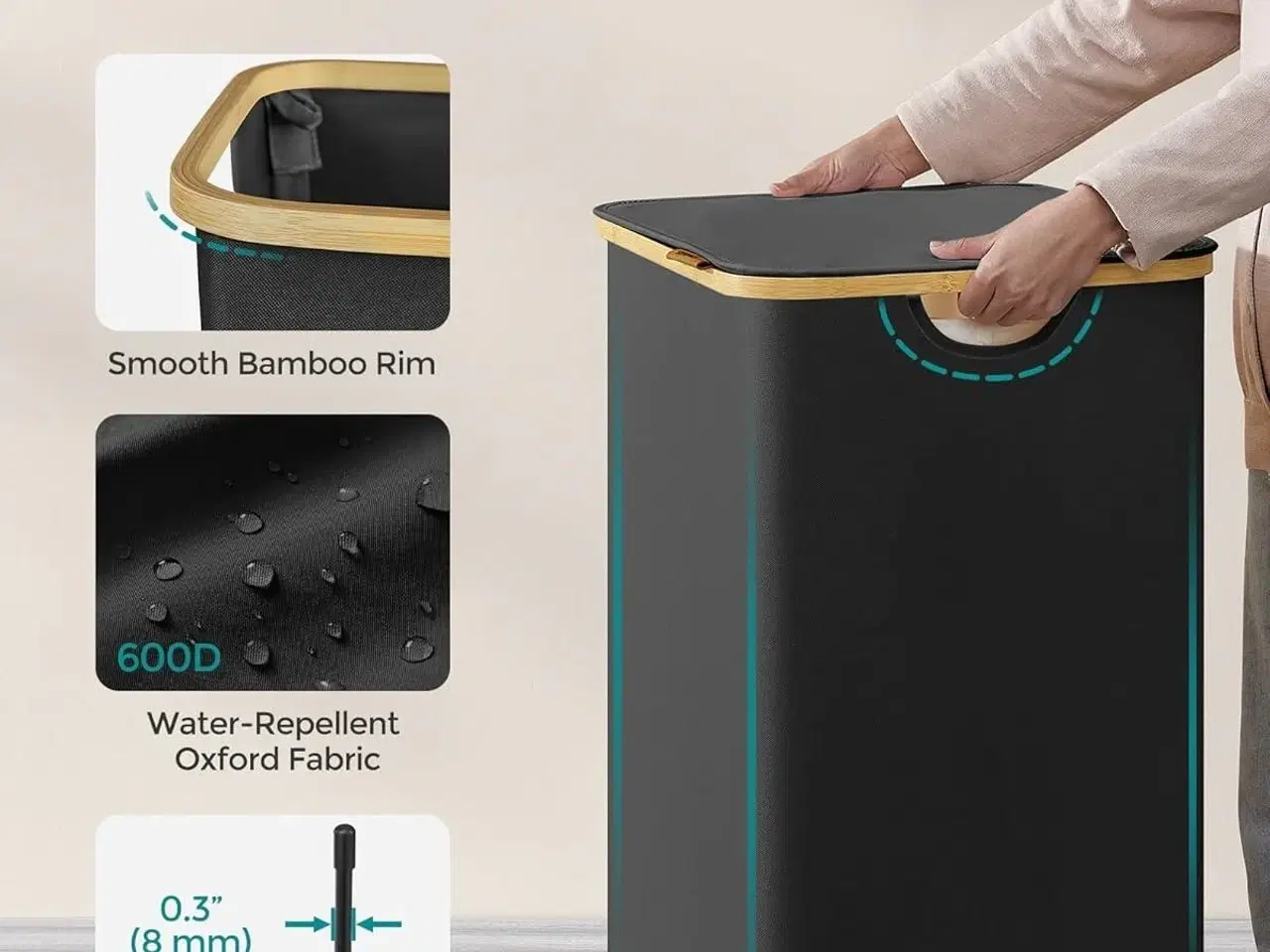 Billede 7 - Vasketøjskurv med låg 3 rum, 150 l, aftagelig meshpose, Oxford-stof, bambushåndtag, sammenklappelig, 60 × 38,5 × 70,5 cm, ink sort