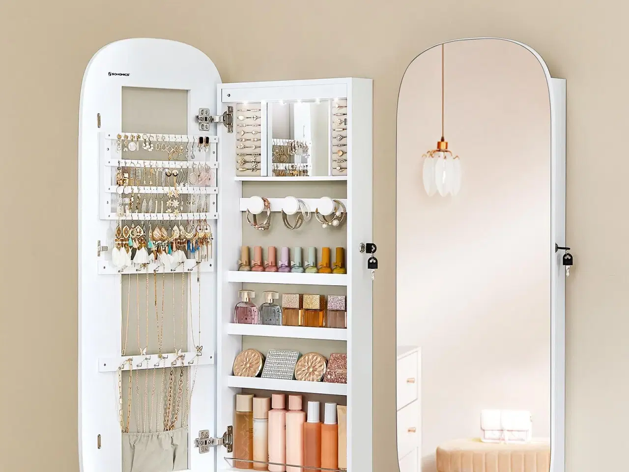 Billede 2 - Smykkespejl med opbevaring væg-/dørmonteret, låsbart, bredt spejl med afrundede hjørner og indvendigt LED-spejl, 10 × 42 × 108 cm, hvid/greige