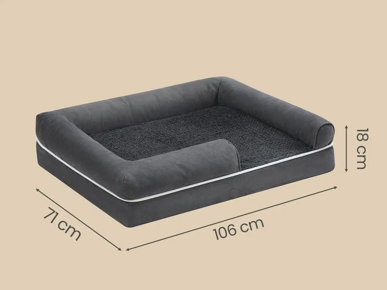 Billede 3 - FEANDREA hundeseng – ortopædisk, stor, vandafvisende hundesofa med aftageligt vaskbart betræk, skridsikker bund, hævede kanter, 106,5 × 71,5 × 18,5 cm, mørkegrå