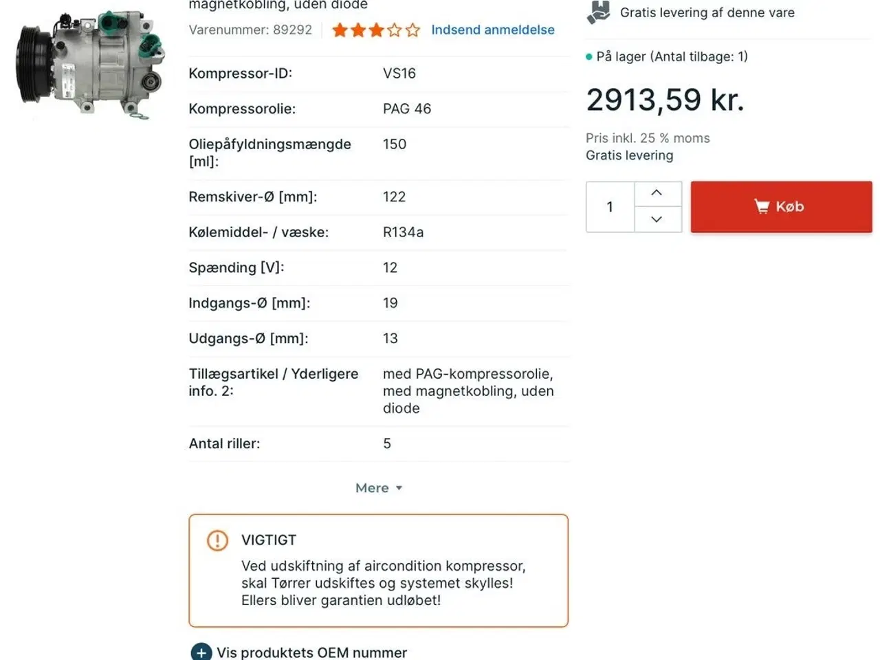 Billede 1 - Ny klimakompressor Kia Ceed