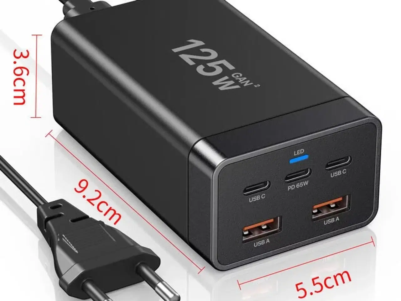 Billede 4 - 2 stk. Mobiltilbehør vægadapter 125W GaN – 2×USB-A + 3×USB-C – Sort