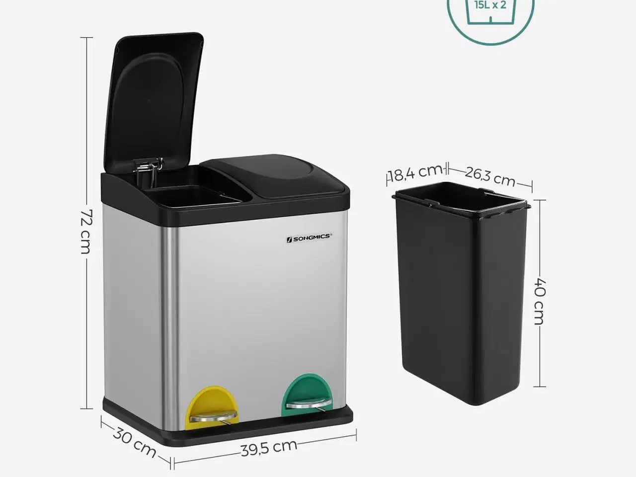 Billede 5 - Skraldespand med pedal 30 l affaldssortering 2 x 15 l, sølv/sort