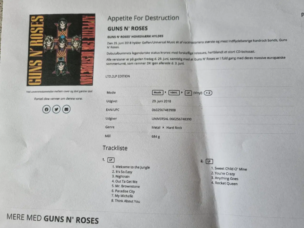 Billede 3 - Guns n` Roses, 2 VINYL I ALBUMMET