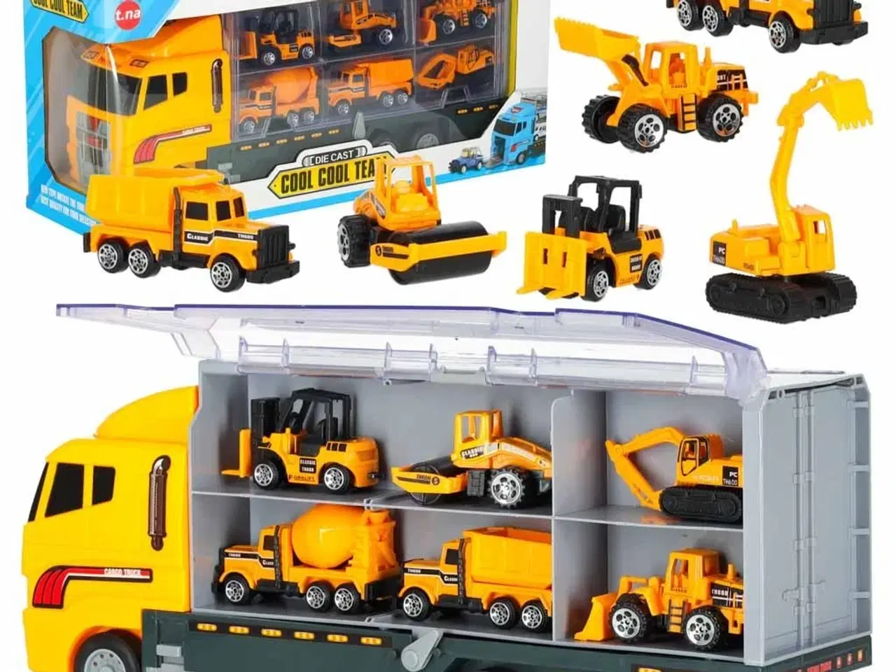 Billede 1 - Legetøjslastbil transporter med affyringsrampe + 6 metal byggemaskiner